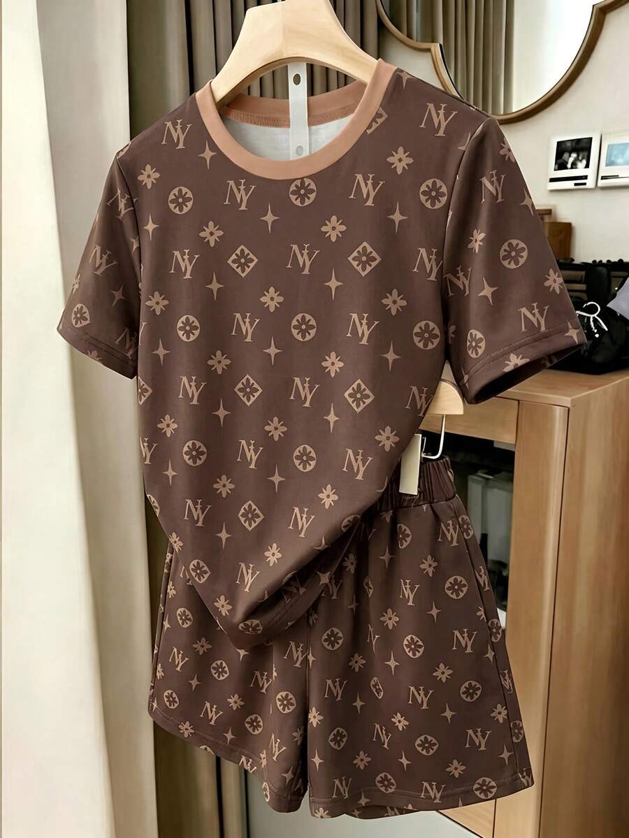 EMERY ROSE 大尺碼女款圓領滿版印花短袖上衣與短褲休閒日常兩件套 - 彩色 - 查看 1