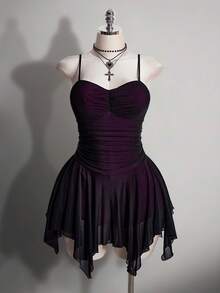 SHEIN ICON 女款大尺碼黑紅拼色不對稱下擺細肩帶洋裝 - 紫色 - 查看 4