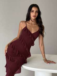 Aloruh Women's Spring/Summer Bohemian Elegant Ruffle Trim Fitted Dress Day Party Dinner Holiday Night Burgundy - Maroon - View 9
