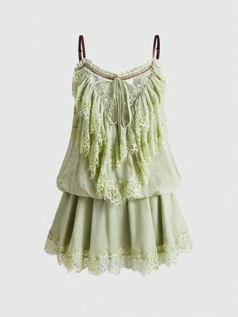 ROMWE Avant Vestito corto da donna sexy romantico da vacanza in rete trasparente e pizzo con spalline sottili