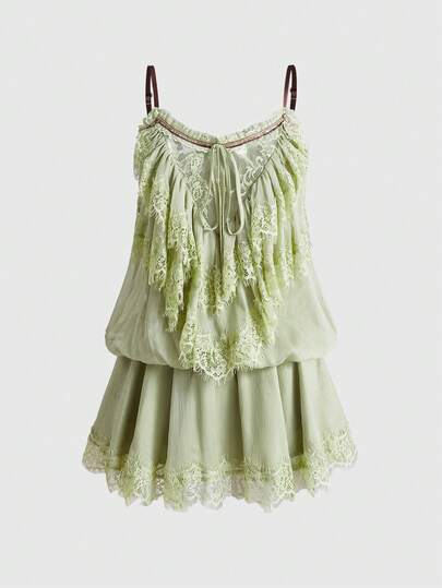 ROMWE Avant Sexy romantisches kurzes Damenkleid für den Urlaub mit transparentem Mesh, Spitze und Spaghettiträgern