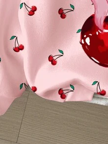 青少年女孩休閒極簡甜美可愛蝴蝶結櫻桃與迷你櫻桃波點印花寬鬆圓領舒適長袖衛衣，適合秋冬，衛衣，青少年女孩服飾 - 白色 - 查看 5