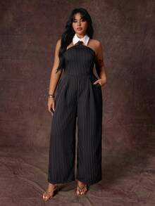 Rustia Plus Size Women's Casual Elegant Striped Jumpsuit - Black and White - View 8