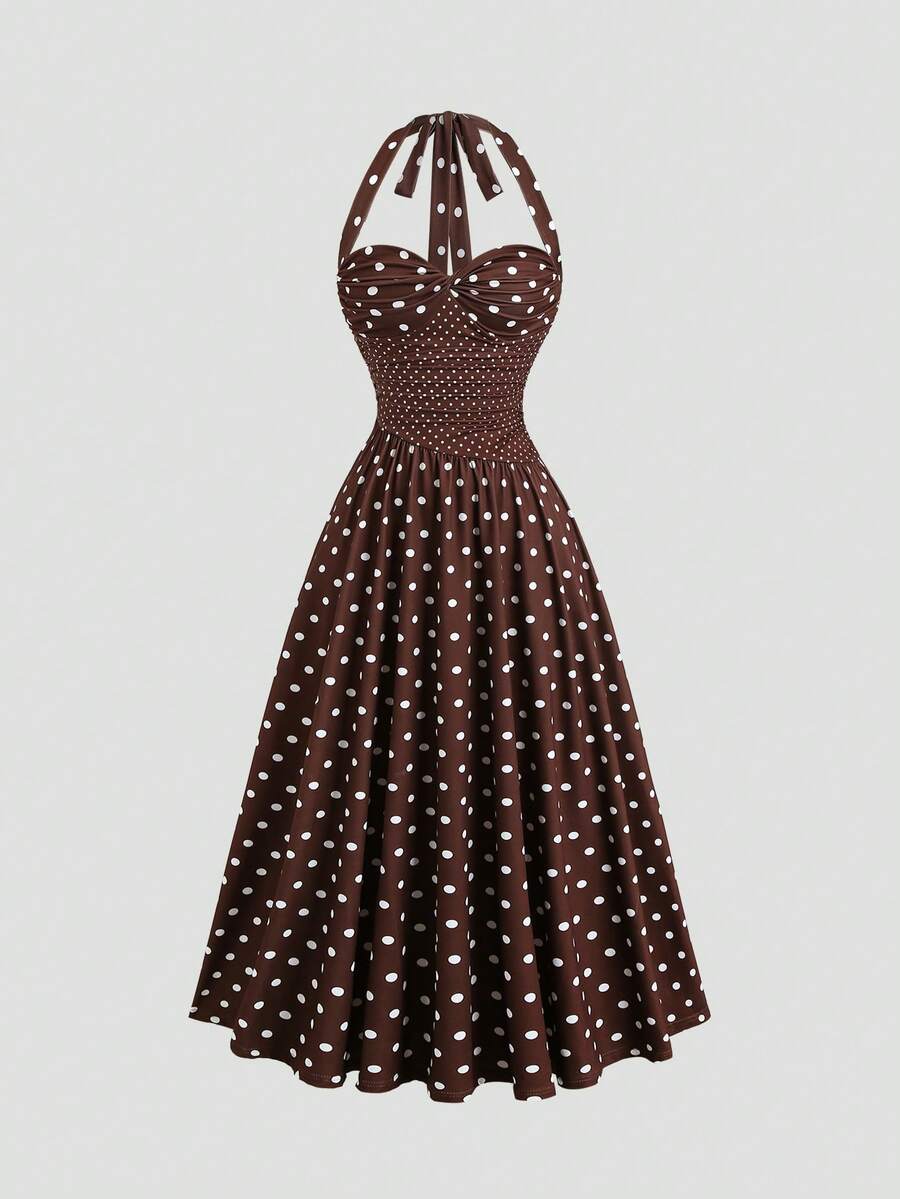 Sweetra Y2K Sexy Vacation Asymmetrical Polka Dot Patchwork Elegant Slimming A-Line Maxi Dress - Coffee - View 1