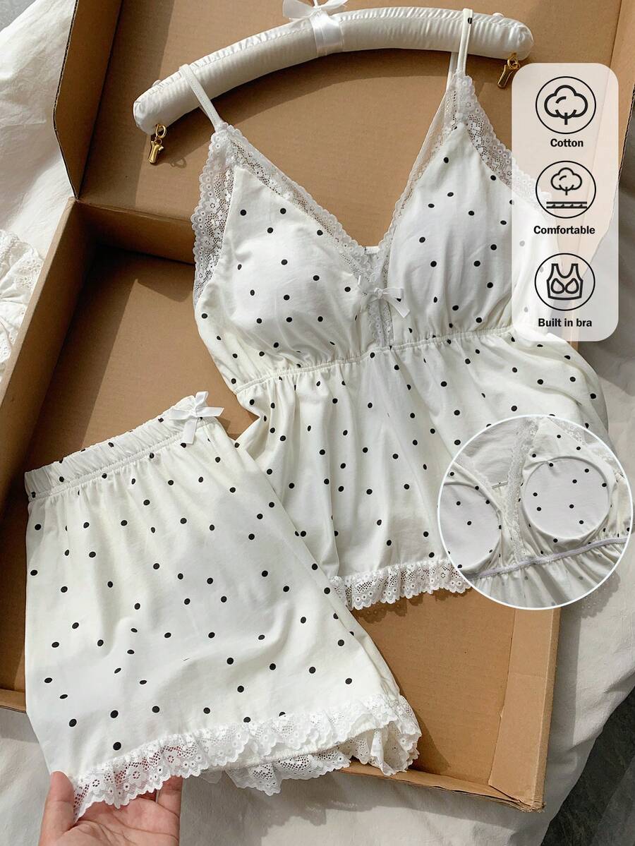 Comfortcana 女款波點蕾絲飾邊細肩帶上衣與短褲休閒日常兩件套 - 黑與白 - 查看 1