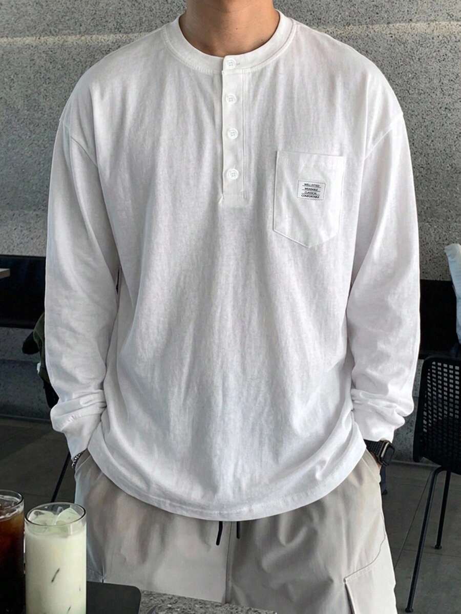 DAZY 春秋款長袖收口針織布貼袋白色圓領男士T恤 - 白色 - 查看 1