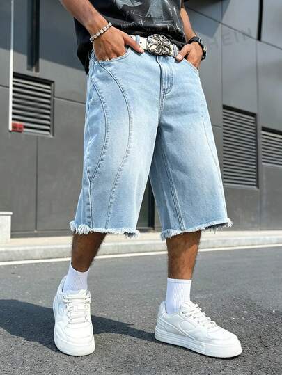 Manfinity EMRG Men's American High Street Vintage Washed Wave Design Frayed Hem Denim Bermuda Shorts