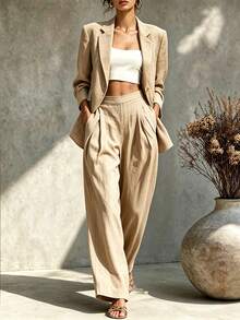 SHEIN Holidaya Women's Casual Versatile Commuter Suit Pants - Khaki - View 4