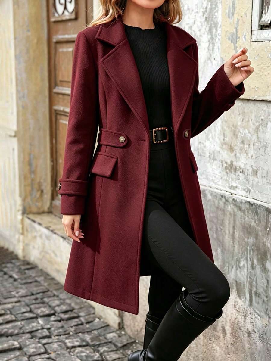 SHEIN 1件女款大衣,2合1可穿戴設計,優雅中長款大衣,適合秋冬穿搭 - 酒紅色 - 查看 1