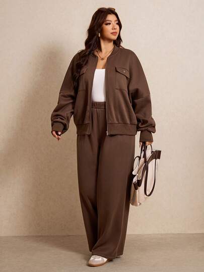 Elaquor Plus Size Women's Solid Color Long Sleeve Zip-Up Hoodie Jacket And Pants Set