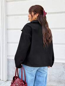 GalTyme Mantel Kasual Lengan Panjang Warna Polos Ukuran Besar untuk Wanita, Musim Gugur/Dingin - Hitam - View 2