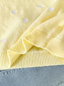 SHEIN Suéter para niña preadolescente con bordado de corazón, patchwork y dobladillo con volantes - Amarillo - Ver 3