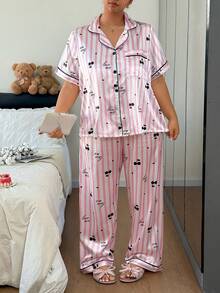 Napfluff CURVE Napfluff CURVE Plus Size Women's Faux Silk Cherry Striped Letter Print Lapel Front Button Pajama Set - Pink - View 2