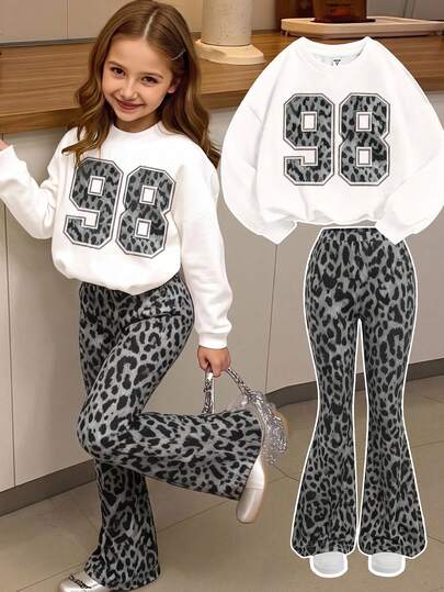 Grey Leopard Print, Sports Number 98 Graphic, BM, American Vintage Sweet, College Campus Vibe, Internet , Citywalk, Street Atmosphere, Casual Campus Sports Style, Tween Girls Knitted Crew Neck Letter Graphic Loose Sweatshirt + Fitted Flare Pants Casual 2-Piece Set, S