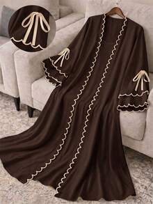 Al Najma Women's Colorblock Trim Lace-Up Abaya - Coffee Brown - View 1
