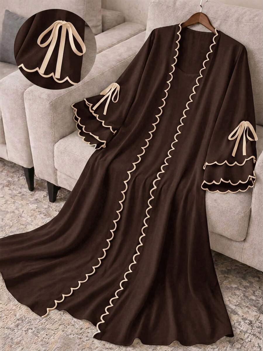Al Najma Women's Colorblock Trim Lace-Up Abaya - Coffee Brown - View 1