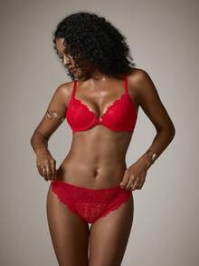 DreamPoppy Peach Girl 1 Set/2pcs Red Lace Women's Lingerie Set - Sexy Push-Up Bra And Panty, Perfect Choice For Romantic Nights - Red - View 8