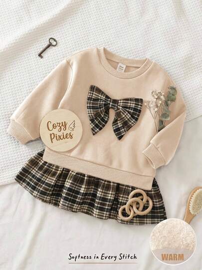 Cozy Pixies Baby Girl Vintage Plaid 3D Bow Knit Soft 2 In 1 Round Neck Long Sleeve Dress