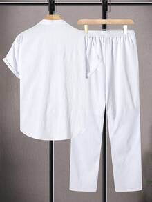 Manfinity CasualCool Men's Plus Size Solid Color Short Sleeve Shirt And Pants Casual Set - White - View 2