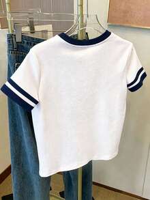 青少年女孩休閒簡約短袖圓領T恤，適合夏季 - 彩色 - 查看 2