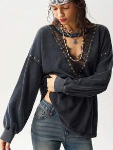 Bohemela Women's Fall Casual Black Washed Knit Long Sleeve Sweatshirt/Halloween/Back To School/Going Out/Y2K/Holiday - Black - View 1