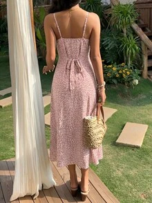 SHEIN EZwear 莲藕粉色碎花吊带女士沙滩度假连衣裙 - 藕粉色 - 查看 2