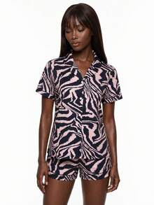 Rest Era Women's White Fast Food Print Button Down Short Sleeve Pajama Set Novelty Slumber Party - Multicolor - View 3