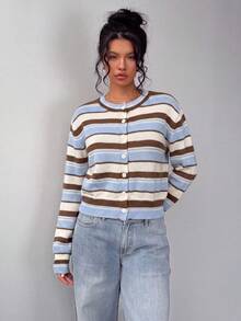 SHEIN BASICS 女款休閒條紋針織開襟衫 夏季街頭風 適合日常通勤、校園、畢業典禮、辦公室、約會、派對、秋冬、婚禮、海灘、Y2K - 彩色 - 查看 6