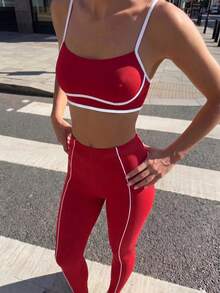 Pariaura Women's Contrast Color Camisole Top And High Waist Leggings Casual Daily Sports Outfit - Burgundy - View 3