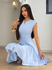 SHEIN PETITE Women's Solid Color Zip Design Cap Sleeve Elegant Mini Dress - Blue - View 9