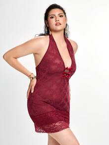 Slumbrini 大码女士成熟性感蕾丝拼接吊带睡裙 - 酒紅色 - 查看 3