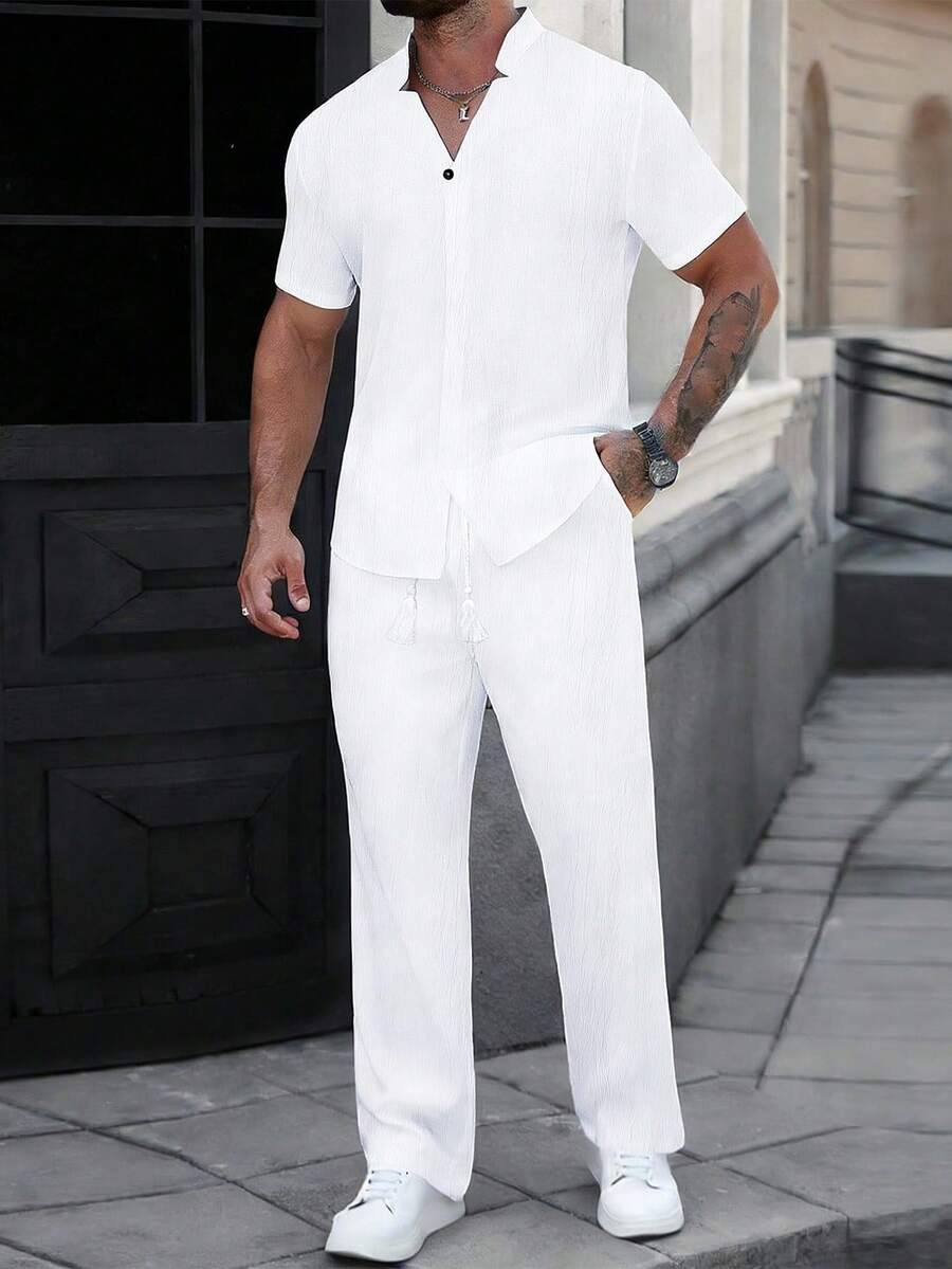 Manfinity CasualCool Men's Plus Size Solid Color Short Sleeve Shirt And Pants Casual Set - White - View 1