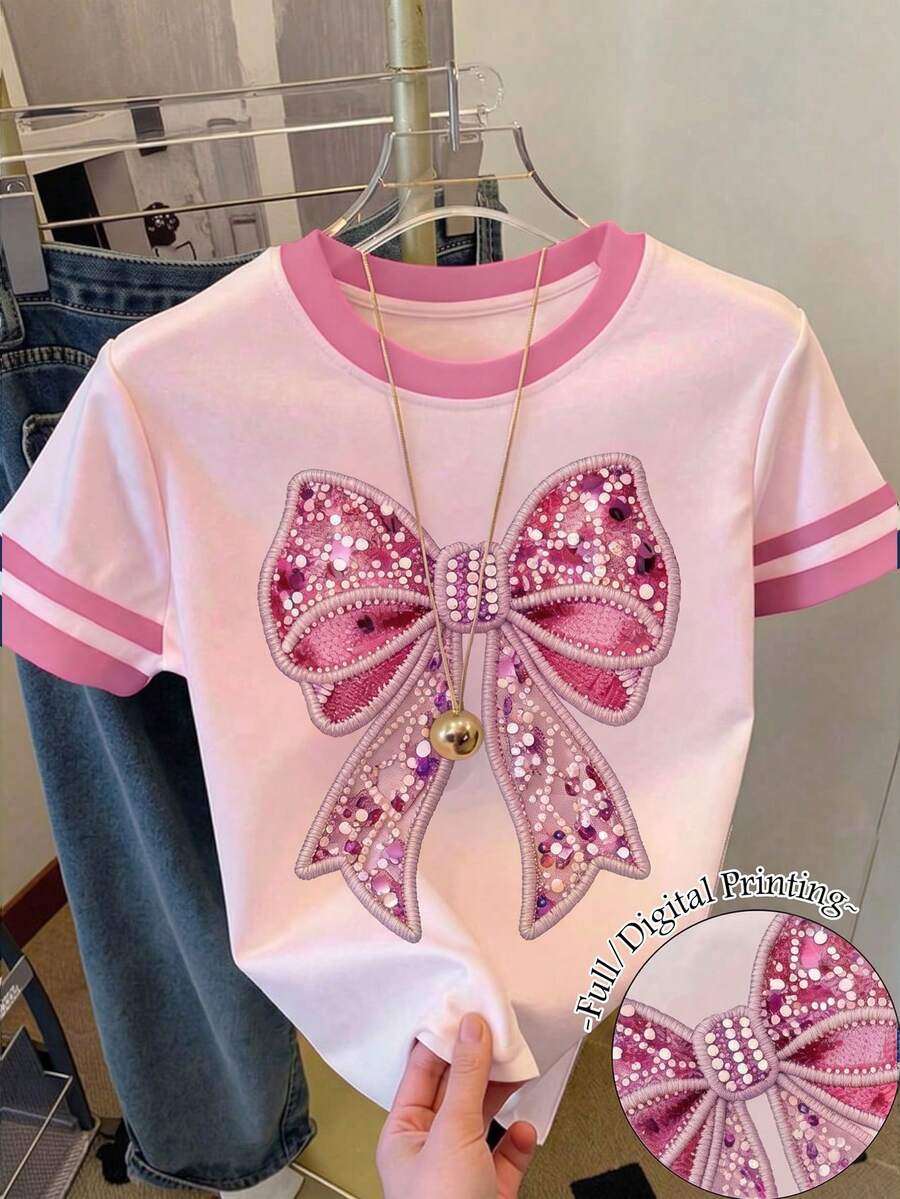 少女休閒極簡創意個性清新高端簡約亮面藍白蝴蝶結圖案寬鬆T恤，適合夏季舒適春夏風格，圖案、可愛、圖形 - 彩色 - 查看 1