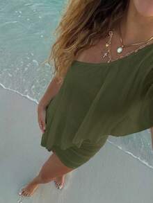 Aloruh Women's Solid Color One Shoulder Short Sleeve Ruched Fashion Mini Dress For Vacation - Army Green - View 5