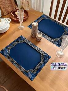 1/4/6pcs Blue Floral Linen Placemat 12x18 Inch With Geometric Border Design For Dining Room Kitchen Table Decor Party Banquet Wedding Christmas Holiday Dinner Home Entertaining Gift For Housewarming Anniversary Celebration - Multicolor - View 3