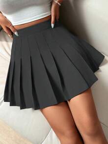 SHEIN PETITE 女款純色百褶裙，優雅約會/休閒/通勤風格，Y2K大學風，春夏款，適合嬌小女性 - 黑色 - 查看 6