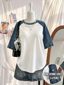 Lalippa Women's Casual T-Shirt With Denim Effect Print And Raglan Sleeves - Multicolor - View 1