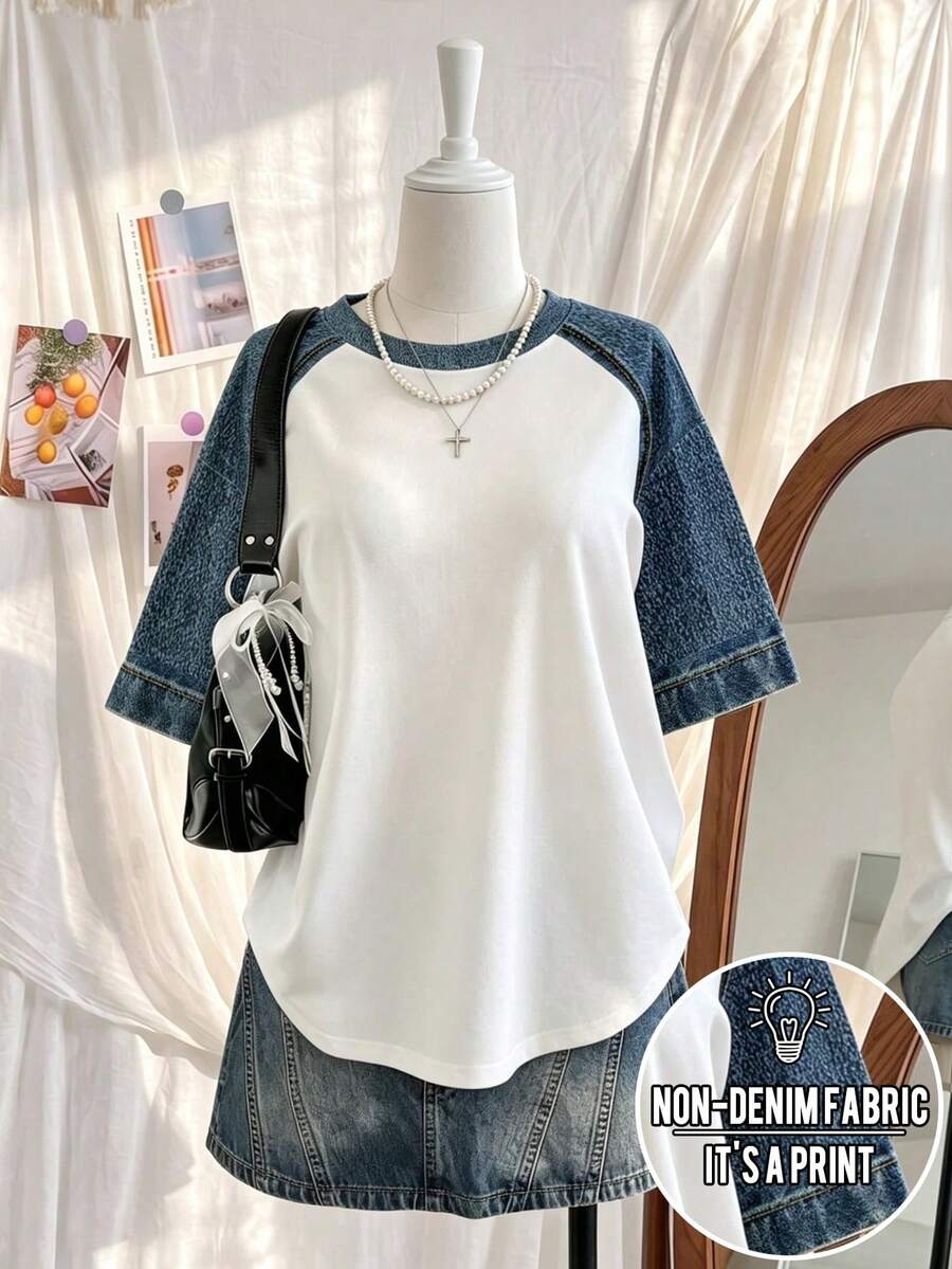 Lalippa Women's Casual T-Shirt With Denim Effect Print And Raglan Sleeves - Multicolor - View 1