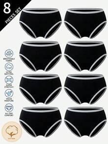 SHEIN 8件組女款青少年純色極簡棉質舒適柔軟黑色三角內褲，四季適用 - 彩色 - 查看 6