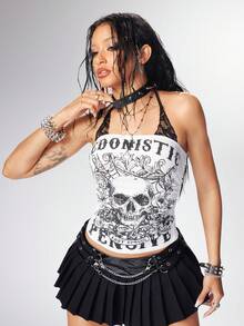 ROMWE Grunge Punk Women Spring Summer Casual Y2K Punk Vintage Distressed Skull Print 2 In 1 Lace Splicing Color Contrast Cotton Halter Tops - White - View 7