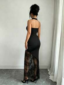 Elenzga Halter Neck Iridescent Material Contrast Lace Dress - Black - View 3
