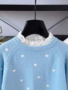 SHEIN 青少年女孩愛心刺繡鏤空拼接針織衫 - 藍色 - 查看 7