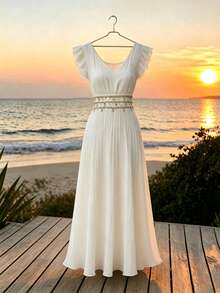 Modelyn Women White V Neck Ruffle Sleeveless Maxi Dress, Textured Fabric Coin Tassel Waist Band Flowy Loose Vacation Long Dress - Khaki - View 4