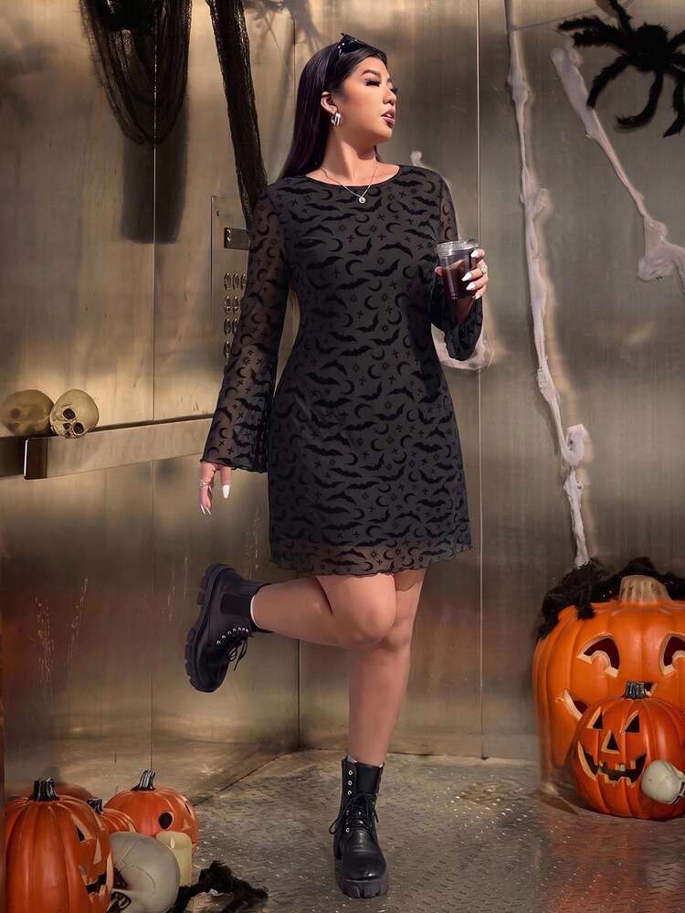 Muchica Plus-Size Women's Mesh Flocked Halloween Bat Pattern Sexy Party Dress - Black - View 4