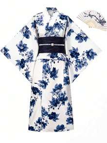 Irokai 日式傳統夏季女款兩件式浴衣和服，水墨印花，白色，度假風，傳統文化風格（不含腰帶） - 藍色 - 查看 7
