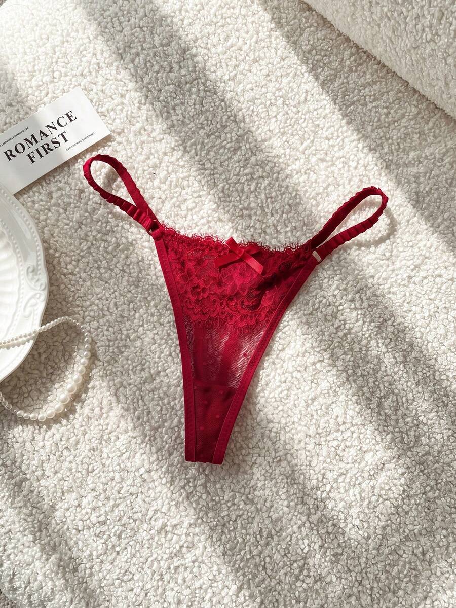 Moireta Lencería sexy para damas con tanga de malla de encaje en contraste - Burdeos - Ver 1