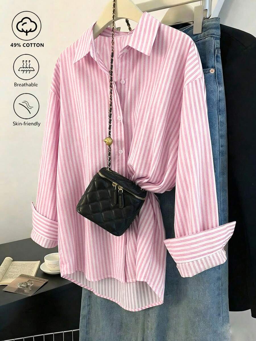 SHEIN PETITE 女款條紋長袖單排扣休閒通勤襯衫 - 玫紅色 - 查看 1