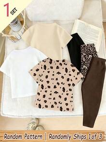 (Patrón aleatorio, 1 set aleatorio) Conjunto de camiseta corta básica casual de verano y leggings para niñas, con estampado gráfico creativo fresco y brillante de patchwork, corazón, leopardo, lazo y conejo, cómodo para uso diario - Multicolor - Ver 2