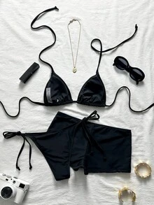 Swim Mod 女款春夏新款波點印花蝴蝶結裝飾V領掛脖露背三角比基尼上衣、綁繩三角內褲與低腰比基尼褲3件式泳衣套裝 - 黑色 - 查看 5
