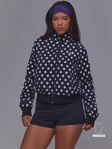 Musera Sport Black Polka Dot Contrast Stripe Side Zip Through Cinched Waist Sport Logo Track Jacket Gym Pilates Fitness Daily Casual Everyday Running Void - Black and White - View 1